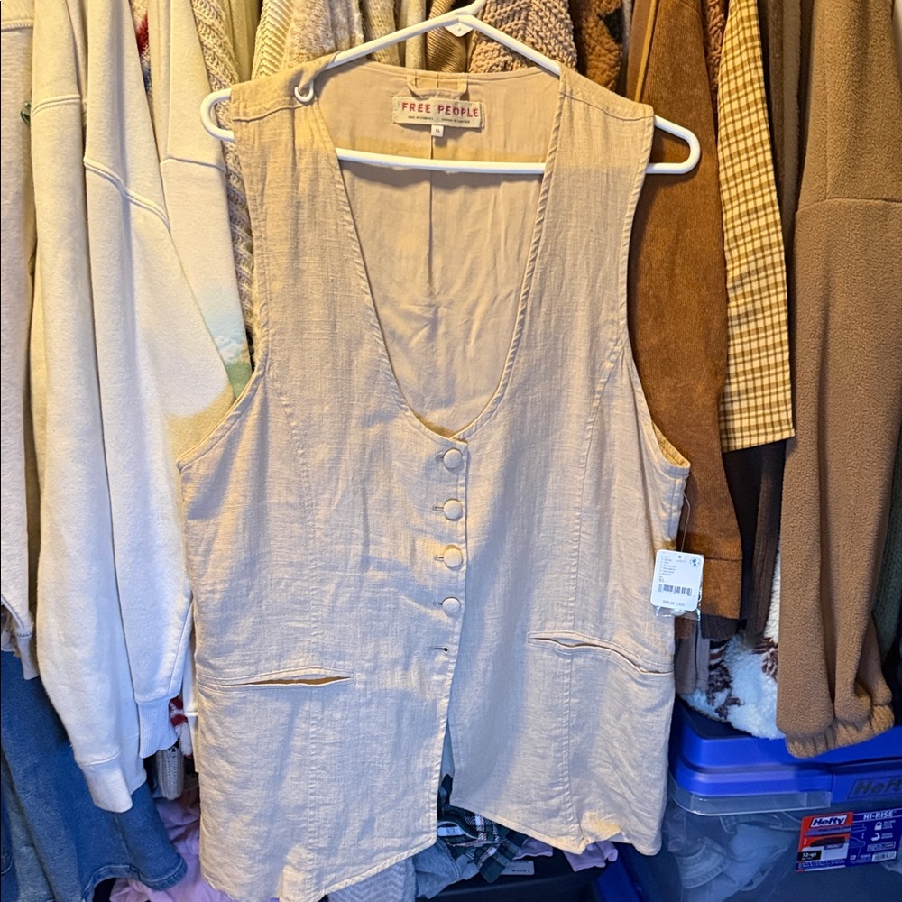 Free People Cream Button-Front Linen Blend Tunic Vest